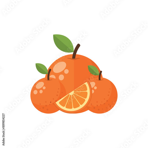 Three oranges with leaves and a slice.