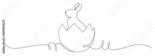 Continuous line art of a cracked Easter egg containing a bunny. This image is to commemorate Easter. Vector illustration.