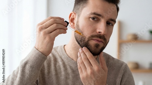 Man applying beard oil dropper to his facial hair. Male grooming and skincare routine at home concept. Self care product.