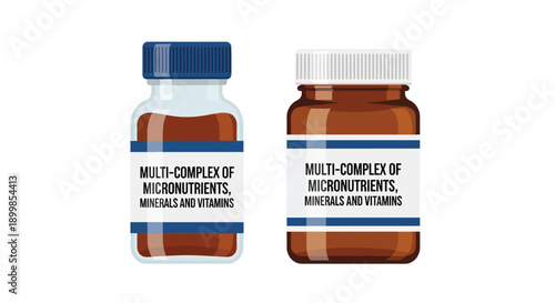 Two supplement bottles with blue and white labels displaying micronutrient information