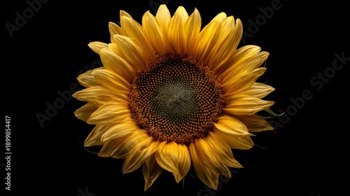 A bright yellow sunflower, fully bloomed, faces the viewer. Its petals radiate from a dark center against a black background