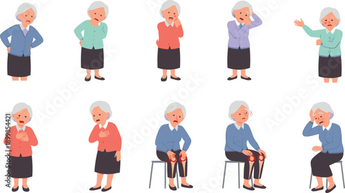 Elderly Woman Character Vector Set with Different Poses, Emotions, and Health Related Activities for Senior Care, Medical, and Lifestyle Design Projects