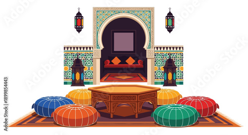 A vibrant moroccan style interior with cushions lanterns and ornate details