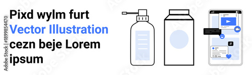 E-commerce, digital content, packaging, online services, product labels, technology. Minimalist design showing bottles, a phone with digital content and a mockup package. E-commerce and digital