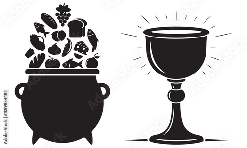Abundant Harvest Food Icons Overflowing From Pot Beside Holy Grail Chalice Symbol