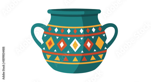 A colorful patterned ceramic pot with two handles isolated on white