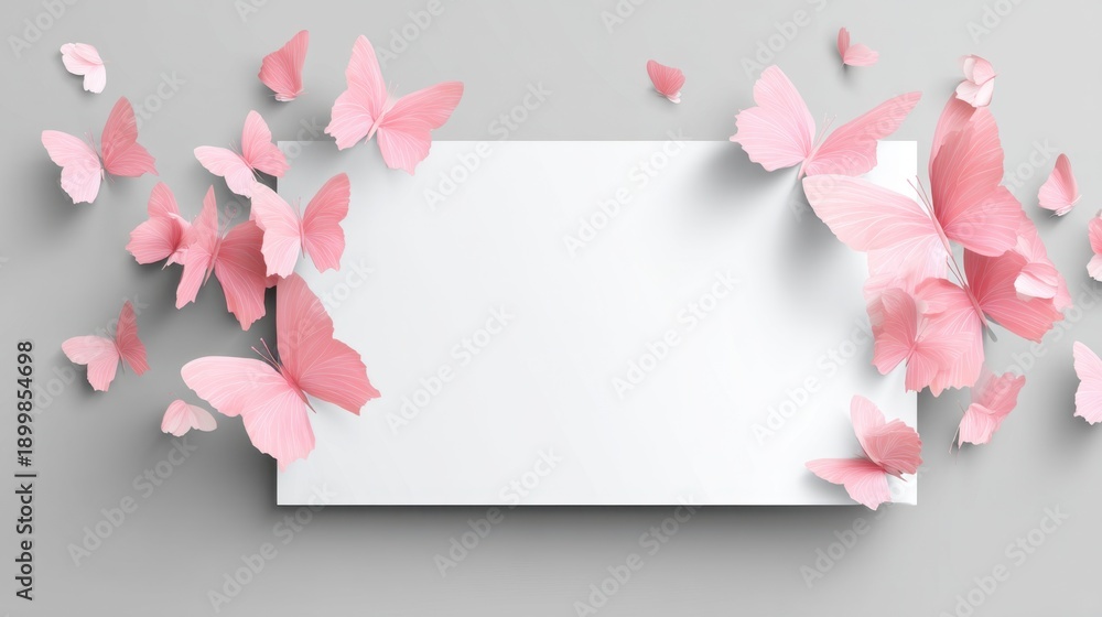 Obraz premium Elegant Pink Butterflies Surrounding Blank Space on Gray Background for Creative Design and Art Projects