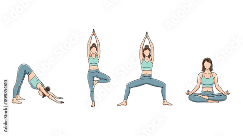 Yoga Poses Sequence: Four Illustrations of a Woman Practicing Different Asanas