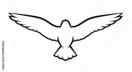 A simple black outline of a dove in mid flight with wings spread wide