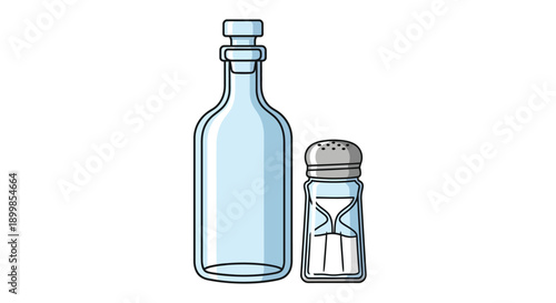 A simple illustration depicting a glass bottle and a salt shaker