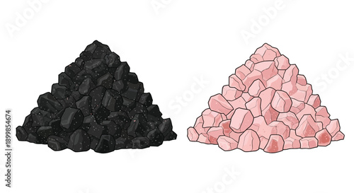 Two triangular piles of granular material black and pink salt