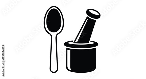 Black and white illustration of a mortar pestle and spoon set