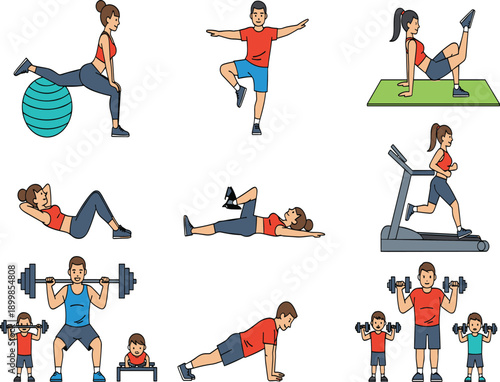 Fitness Exercise Character Vector Set with Men and Women Training, Yoga, Cardio, Strength Workouts, and Healthy Lifestyle Activities Illustration