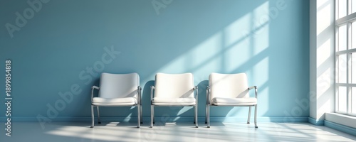 Three white chairs line bright blue wall. Sunlight streams through large window creating shadows on floor, wall. Minimalist space conveys calm, emptiness. Perfect for waiting rooms quiet