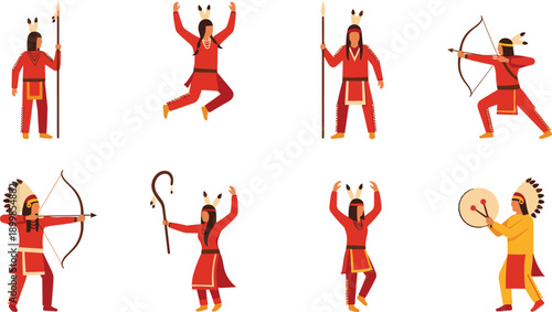 Tribal Warrior Character Vector Set with Indigenous People in Traditional Costumes Performing Dance, Hunting, and Cultural Ritual Activities Illustratio