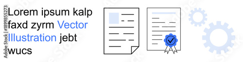 Document management, quality assurance, digital tools, certification, workflow optimization, data validation. Icon-style documents with a certified seal and gears. Certification and document
