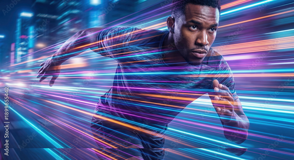 Obraz premium Fast athletic runner sprinting with neon light trails