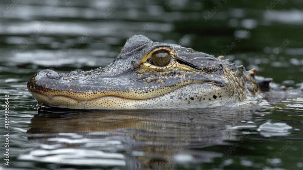 Obraz premium Close-Up of a Reptile's Head Emerging from Calm Water with Ripples and Reflection Under Natural Light