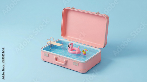 Pink open suitcase with swimming pool inside