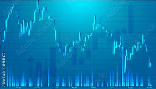 A chart displays price movements of stocks over time with bars showing changes in price. The background is blue, and the data is clear and easy to read