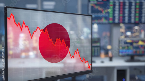 Japanese flag with red stock market crash graph
