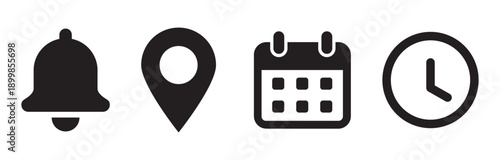 Set of Icons: Bell, Map Pin, Calendar, Clock - Flat Design Vector