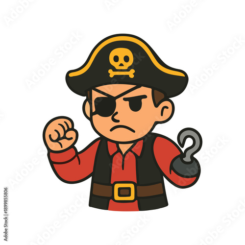 Angry pirate character with hook hand. Cute pirate cartoon mascot illustration. Fierce pirate man with eyepatch design.