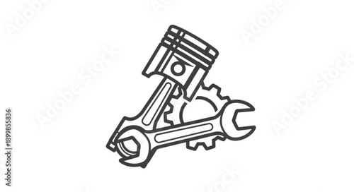 Mechanical Piston Engine Part with Wrench and Gear.