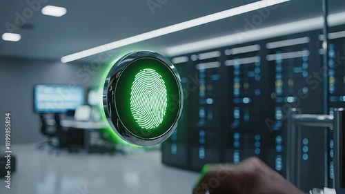 A finger touches a glowing holographic fingerprint scanner, symbolizing advanced biometric security and secure digital access in a modern data center environment.