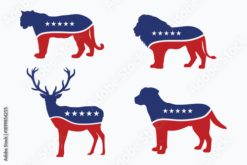 A striking silhouette of Dog, tiger, lion, Deer displayed incorporating the colors and stars of the American flag representing democratic ideals. Eps 10