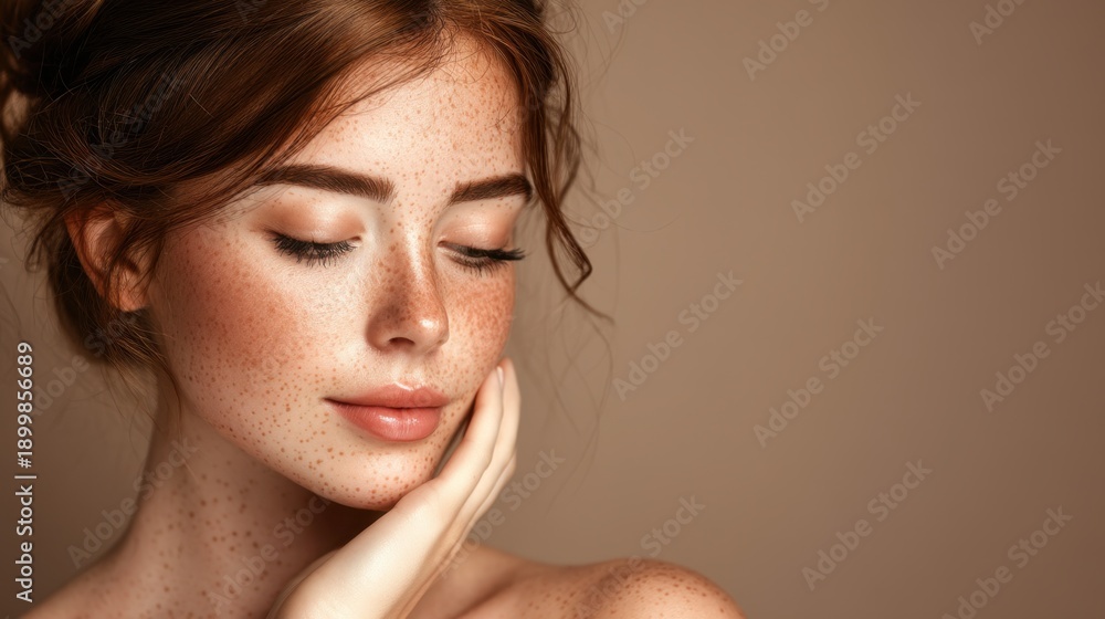 Fototapeta premium Portrait of a young woman with freckles and soft makeup showcasing natural beauty against a neutral background