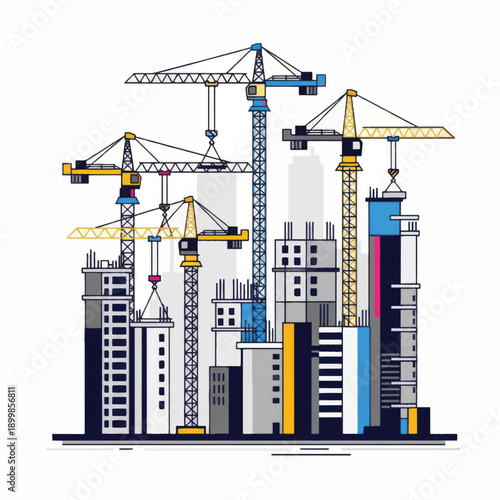 Modern cityscape with construction cranes and skyscrapers