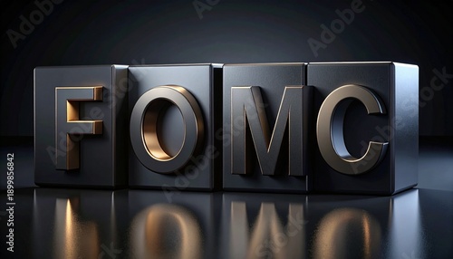 Modern 3D FOMC text on sleek black cubes with gold accents
