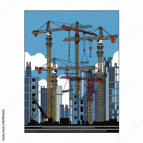 Modern cityscape under construction with cranes and skyscrapers