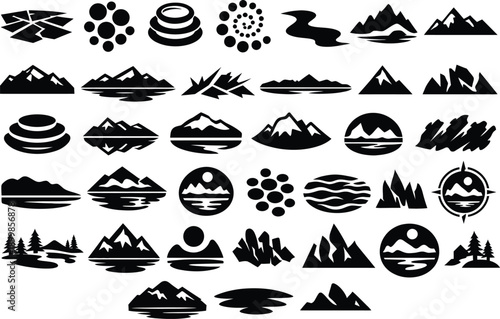 30 Abraham Lake Alberta Solid Black Silhouette Icons Set on White Background