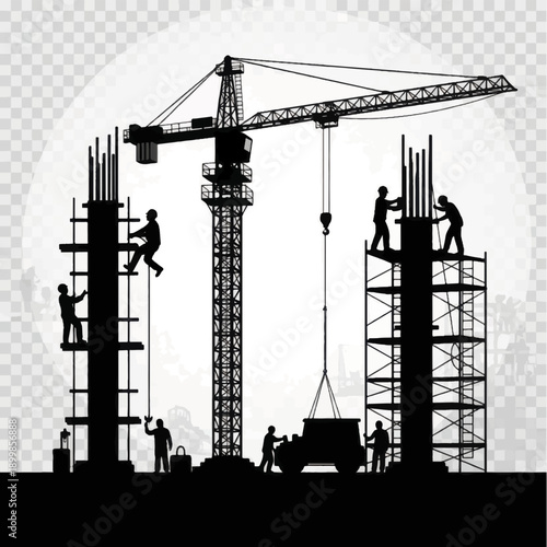 Construction workers building skyscrapers with cranes at sunset