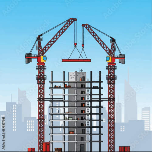 Construction cranes building modern skyscraper in city