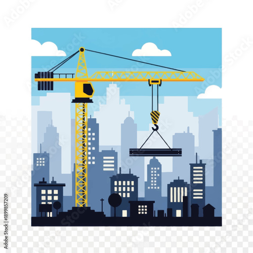 Construction site with yellow crane building modern cityscape