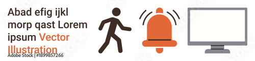 Online alerts, notifications, digital reminders, warning systems, user interface, web alerts. A person icon, bell ringing and monitor displayed. Online alerts and notifications concept