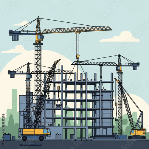 Construction site with cranes building modern skyscraper