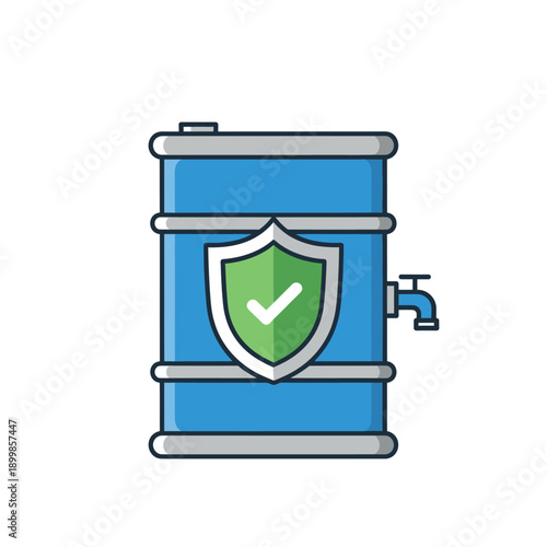 Blue barrel with a shield icon indicating safety and protection, symbolizing secure storage and handling of liquids