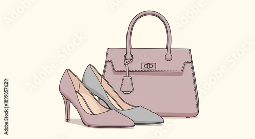 Elegant pink handbag with matching pink high-heeled shoe and a grey high-heeled shoe, representing women's fashion accessories.