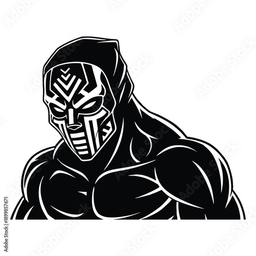 Muscular man wearing tribal mask and hood