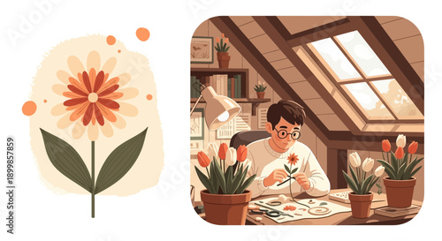 Artisan Crafting Floral Arrangements in Cozy Attic Studio