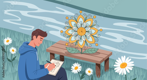 Artist drawing a flower landscape sitting near water, engaging in creative hobbies, capturing