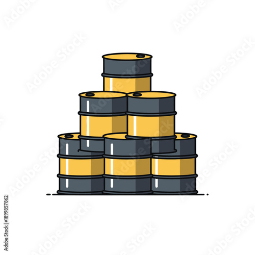 Stack of yellow and black metal oil barrels, depicting industrial fuel storage, energy resources, and the global petroleum industry concept in a flat design illustration