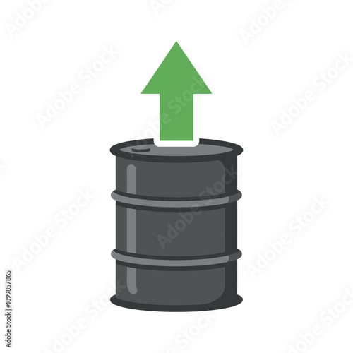 Illustration of a barrel with a green arrow pointing upwards, symbolizing a rise in oil prices or production