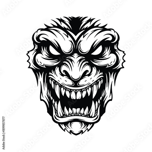 Fierce monster face with sharp teeth and intense expression