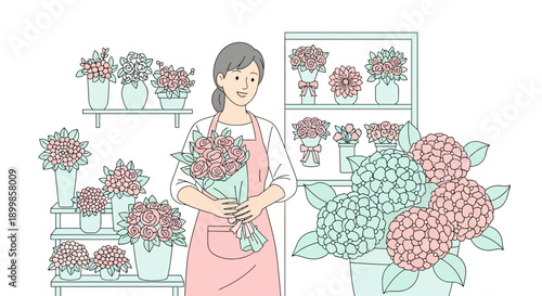 Charming Florist Arranging Bouquets in a Flower Shop with a Variety of Blooms for Sale, creating