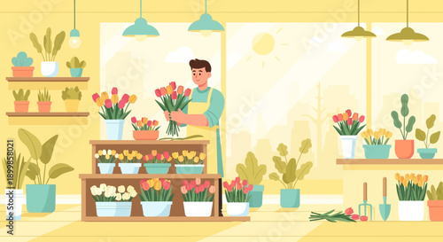 Charming Florist Arranging Tulips in Bright Flower Shop for Sale, Featuring Potted Plants